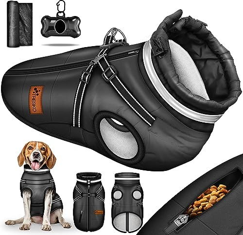 TRESKO® Hundejacke Winter mit Reflektoren inkl. 15 Stück Kotbeutel + Spender | Hunderegenmantel wasserdicht | Hundemantel mit Geschirr | Hunde Winterweste gefüttert (M, Schwarz)