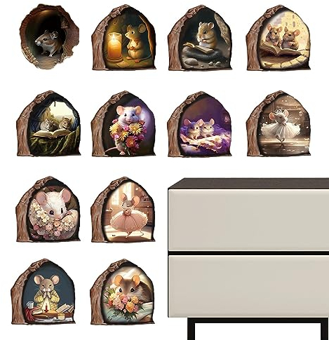 WOTEG Mausloch Wandaufkleber | 12 Stück lustige Kunst-Wand- -Aufkleber,Wanddekor-Aufkleber, abziehen und aufkleben, lustiger PVC-Aufkleber für Kinderzimmer, Klassenzimmer, Wohnzimmer
