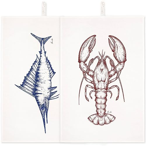 Ligarti® Geschirrtuch Set Halbleinen (Made in EU) I Design Küchenhandtuch 50x70 cm I ÖKO-TEX I Abtrockentücher | Hummer & Schwertfisch