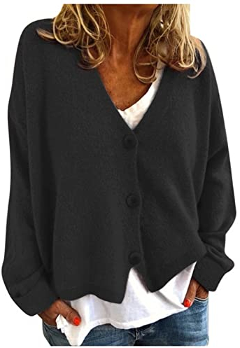 Strickjacke Damen V Ausschnitt Cardigan Elegant Einfarbig Kurz Strickmantel Pullover GroßE GrößEn Wintermantel Grobstrickjacke Herbst Winter Strickpullover Jacke mit Knopf