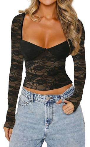 WangsCanis Women Lace Long Sleeve Shirt Y2k Low Cut Slim Fit Going Out Crop Top Sexy Floral Lace Tee Club Streetwear (Black Shirt Dressy, S)