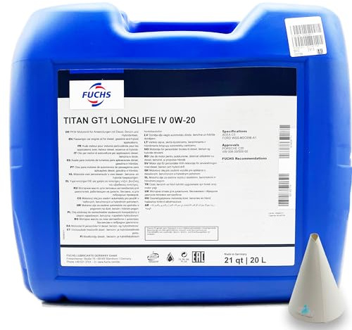 20 L Fuchs Titan GT1 Longlife IV 0W-20 | kompatibel mit PORSCHE C20 | VW 508 00/509 00 | Motorenöl | Motoröl | Ölwechsel | Öl | SAE 0W20 | ACEA C5 | FORD WSS-M2C956-A1| mit Trichter