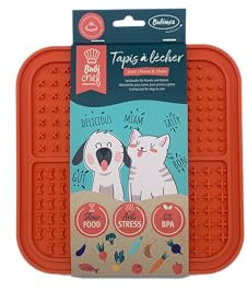 BUBIMEX - Tapis/gamelle à lécher 20x20cm Orange pour Chiens et Chats avec Ventouse, Anti glouton, Anti Stress, Silicone sans BPA, Réduit la Mauvaise Haleine, Compatible Lave-Vaisselle et Congélateur