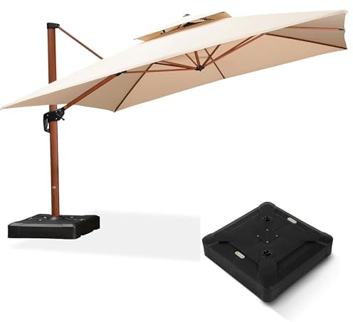 PURPLE LEAF 365 × 365 cm Holzoptik Ampelschirm mit Ständer Neigbar Beige | Große Schattenzone, Doppeldach-Belüftung, 360° Flexibilität, Alu Rahmen & Standrohr, mehr Stabilität, 240g/m² UV50+ Stoff