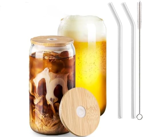 MEETOZ 2 Set 500ml Finew Glass Cups with Bamboo Lids and Glass Straws,Reusable Can Shaped Glass Cups Set,for Smoothies, Beer, Cola, Juice, Soda