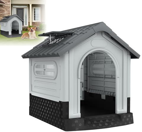 XMTECH Hundehütte Haustierhaus aus Kunststoff, Wasserdicht & UV-beständig, Hundehaus mit erhöhtem Boden/Lüftungsöffnungen/Oberlicht, Grau (L 79.5 x B 70.5 x H 78 cm)
