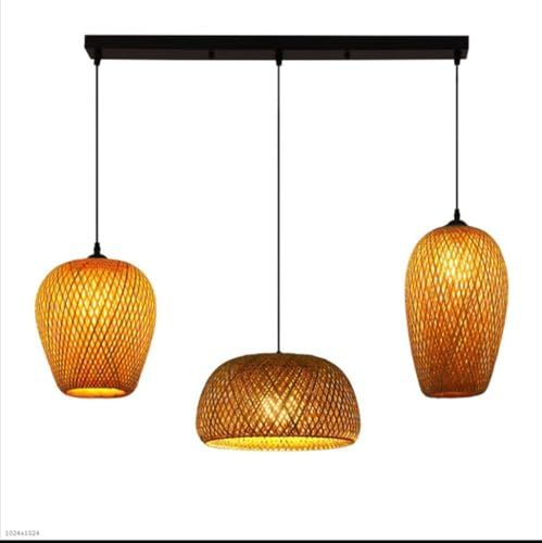 Suspension En Bambou Pour Îlot De Cuisine, Salle À Manger, Lustre Farmhouse En Bambou Tressé À La Main, 3 Luminaires Lampe De Plafond Créatif En Rotin Pour Le Bar, Le Café Et Le Salon(B)