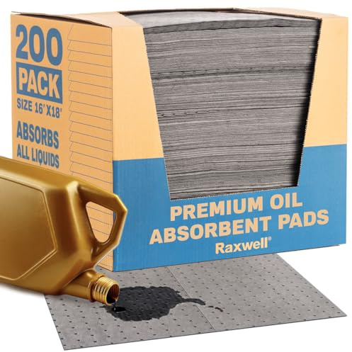 Raxwell Oil Absorbent Pads 200 Pack – 16” x 18” Heavy-Duty Spill Pads, 8-Layer Polypropylene, Dimpled & Perforated Universal Absorbent Sheets - Garage Floor Mat for Oil, Coolant, Water & Chemicals
