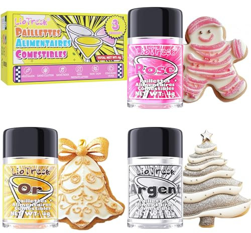 Paillettes Comestibles - 3 Couleurs Paillettes Alimentaires pour Gateau, Colorant Alimentaire pour Décorations de Gâteaux, Colorant Alimentaire Poudre Cocktail pour Noël, Halloween, Chocolat, Fondant