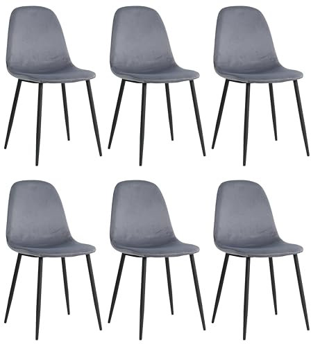 Juego de 6 sillas de Comedor Gris - 100% Terciopelo - Lujosa Funda de Terciopelo - - Diseño Elegante - Cómoda Silla de salón - Silla de Cocina de Acero Inoxidable