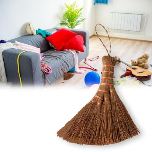 Handmade Broom - Retro Nature No Static Electricity Sweeping Broom With Suspension Rope | Stiff Bristle and Short Hand Design, Brown Broom for Home, Easily Cleans Floor and Car Mats