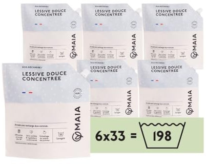 MAIA - Eco-Recharge Lessive Bio Bébé & Peaux Sensibles Fleur de coton 6L - 198 lavages - Efficace et Sans Allergènes - Lavage en machine - 99,80% d’ingrédients Naturels - Certifiée ECOCERT