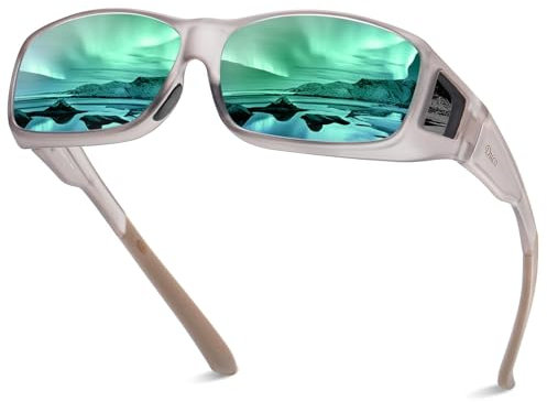 DUCO Herren und Damen Sonnenbrillen Polarisiert Unisex Brille UV400 Schutz Wrap Around Blendschutz Überbrille für Brillenträger Fit-over Polbrille (L Größe Transparent Grau Rahmen Revo Grün Linse)