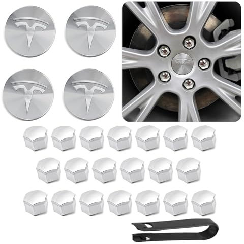 7ffeiLL Silberfarben Radkappen-Set für Tesla Model 3 Model Y, 4 Nabenkappen, 20 Radmutterabdeckungen