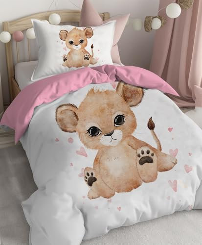 Pictogogo Baby Bettwäsche Set, Kinderbettwäsche, Rosa Löwe und Rosa Herzen Design, 100x135 cm Bettdecke, 40x60 cm Kissenbezug, Rosa Baumwoll-Unterseite, Für Babys und Kleinkinder