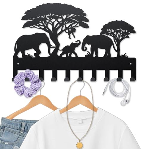 MAYJOYDIY Elefanten Metall Kleiderhaken für Wand 40×25cm Wildlife Monkey Rainforest Schlüsselhalter 10 Haken Natur Landschaften Schwarz Kunst Schlüsselhalter für Mäntel Hüte Handtücher Taschen Hängen