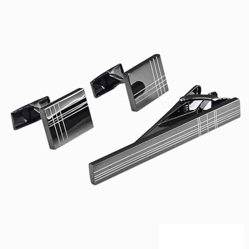 Ensemble Pince à Cravate et Bouton de Manchette Homme | Broche Cravates Noire | Accessoire Argenté Mode Hommes | Cadeau Affaires Anniversaire de Mariage