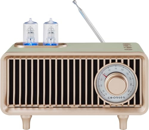 Crosley Milton FM Radio Portable Bluetooth Speaker with 20H+ Playtime - Retro Wireless Small Travel Speaker with Playback, LED Lights, Aux Input, Micro-Usb Cable, Rechargeable Vintage Speakers, Mint