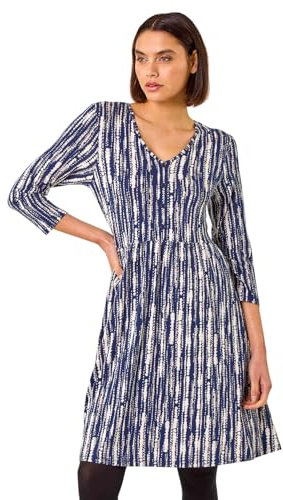 Roman Stretchy Dress for Women UK Ladies Pockets Gathered Waist Ruched Chest Midi Holiday Spring Summer V Neckline Evening Vacation Work Party Going Out Soft - Navy - Size 18