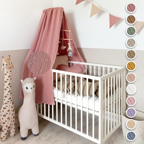 lilimaus Betthimmel Babybett mit Goldapplikationen [in 12 Farben] Himmel Babybett aus 100% Baumwolle Musselin - Betthimmel Mädchen & Jungen - Himmelbett Kinderzimmer & Babyzimmer Deko - Baby Bett