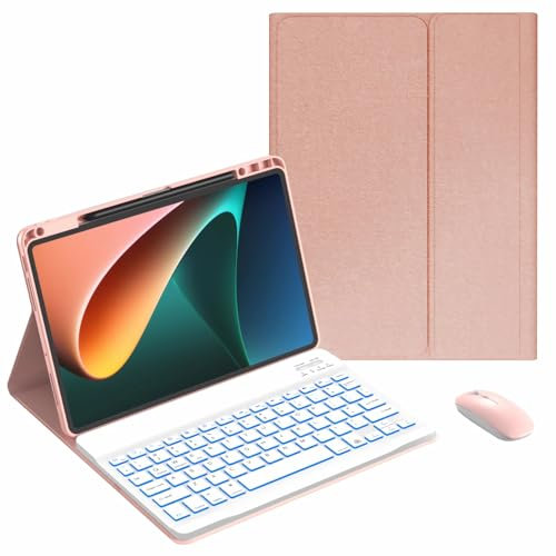 JZCZMCE Keyboard Case for Xiaomi Pad 6S Pro 12.4 inch 2024, 7 Color Backlit, Built in Pencil Holder, Magnetic Detachable Wireless Keyboard with Bluetooth Mouse,Pink 1