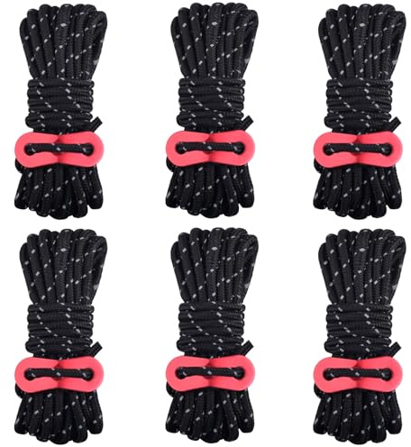 Azarxis Corde de Tente Réfléchissante 4 m Corde Nylon avec Tendeur en Aluminium Léger Φ4mm Ficelle 6 Pièces pour Bâche Fixation Camping (03 Noir - 6 Pièces - Φ4mm)