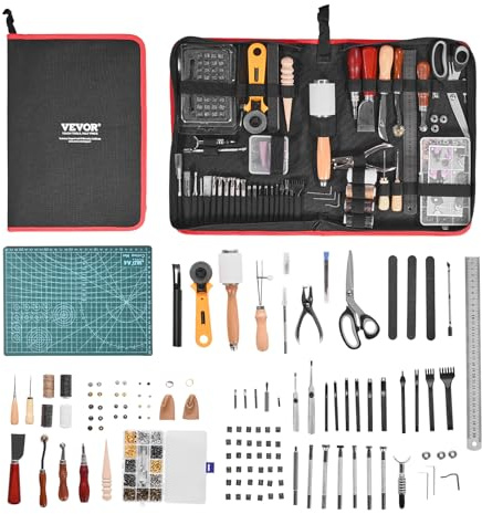 VEVOR Leather Working Tools Kit, 61 PCS Leather Craft Tools with Portable Canvas Storage Bag, Engraving Punching Sewing Stamping Sanding Tools, Ideal for Beginners DIY Enthusiasts and Professionals