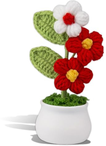 Kotkiddy Gehäkelte Blumen Häkeln Hlumentopf, Farbverlauf Bunte Blumen, Künstliche Blumen für Blumendeko, Geschenk für Valentinstag. (Weiß und Rot)