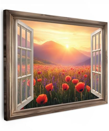 MuchoWow© Quadri Grandi Dimensioni 70x50 cm Quadretti Da Parete Quadro Moderno Camera Da Letto Stampa Foto Su Tela Soggiorno Cornice Decorazioni Vista - Papaveri - Rosso - Aperta - Finestra