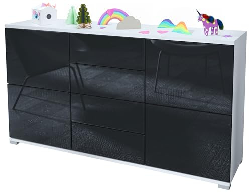 Vladon Sideboard Rova V1, Kommode mit 4 Türen und 4 Schubladen, Weiß matt/Schwarz Hochglanz (138,5 x 75,5 x 35)