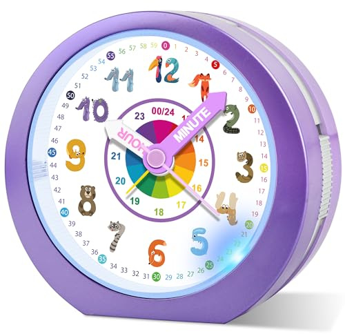 Ayybboo Kids Alarm Clock Bedside Girls Boys,Silent Non-Ticking Battery Powered Analogue Clocks with Night Light and Snooze,Colorful Design to Help Children Learning Time (Violet)