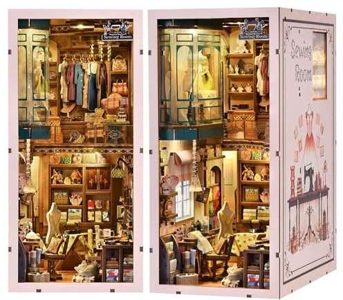 fifijoy Book Nook Kit - Nähzimmer DIY Miniaturhaus Puppenhaus Kit für Erwachsene und Jugendliche, Booknook Tiny House Bücherregal Dekor 3D Holzpuzzle, Geschenke für Familie und Freunde