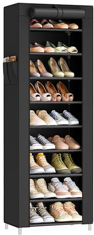 SONGMICS 10-Tier Shoe Rack, Shoe Storage Cabinet with Dustproof Cover, Free-Standing Storage Organizer for Closet, Entryway, Hold 20 Pairs of Shoes, for Sneakers, High Heels, Black URXJ034BH01