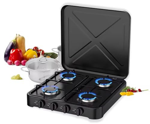 Fornello da Campeggio a Gas, fornello da Tavolo in Acciaio Inossidabile da 5,4 KW, fornello Portatile con 4 fuochi, Controllo della Temperatura Regolabile, accensione Automatica,