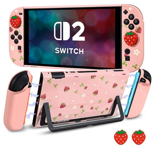 DLseego Coque de Protection pour Switch 2,Fraise Mignonne Dockable Dur Anti-Rayures Antichoc Design Housse de Protection avec 2 Cover pour Poignée Souple et 2PCS Capuchon de Joystick,Fleur de Fraise