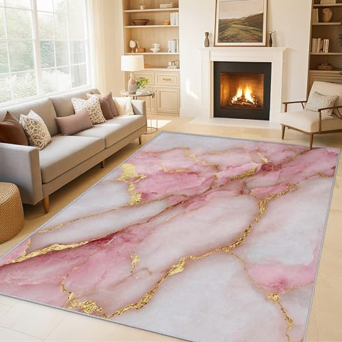 Generisch Teppich Wohnzimmer Rosa Marmor, Teppich Gold Textur Moderne für Schlafzimmer 80x150 cm, Weicher Waschbarer Antirutsch Kurzflor Dekoration Carpet P-&42