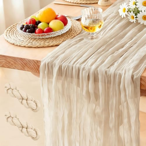 (2 Stück) Käsetuch Tischläufer Beige, 300 x 90 cm Boho Gaze Tischläufer Cheesecloth Läufer für Hochzeit, Geburtstagsfeiern, Babypartys, Weihnachten und Silvester von Tisch Dekoration