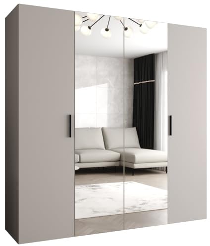MEBLE KRYSPOL - Kleiderschrank - Garderobenschrank - 200 cm x 202 x 52 cm - Schrank mit Kleiderstange und Spiegel, 4 Türen - für Schlafzimmer, Flur - BARI, Kaschmir, Griff Schwarz