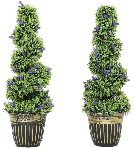 HOMCOM Deko Kunstpflanzen Buchsbaum Spiraltopiary 2er Set 90cm | Mit Lavendel und Topf, Kunstpflanzen, für Innen- und Außendekoration