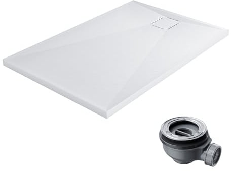HOROW Weiße Duschwanne Komplettset 120x80 cm, Anti-Rutsch-Steinoptik rutschfest mit Gefälle, Extra Flach für Duschkabine – Einfache Montage inkl. Ablaufgarnitur
