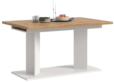 xonox.home – Esstisch Gustav 140-220x76x100 cm in Artisan Eiche Nachbildung und Weiß – XXL Ausziehtisch mit Doppelsäule – variabel anpassbar, ummantelte Kanten & einfache Montage mit Anleitung