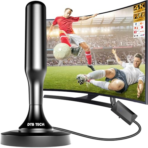 DVBT2 Antenne, DVBT2 Antenne mit Verstärker Innen, DVBT Antenne, Zimmerantenne für Fernseher, 360°Empfang bis 500 km, 4K UHD Full HD Kostenlose Sender, Magnetfuß 3m Kabel (Schwarzer)