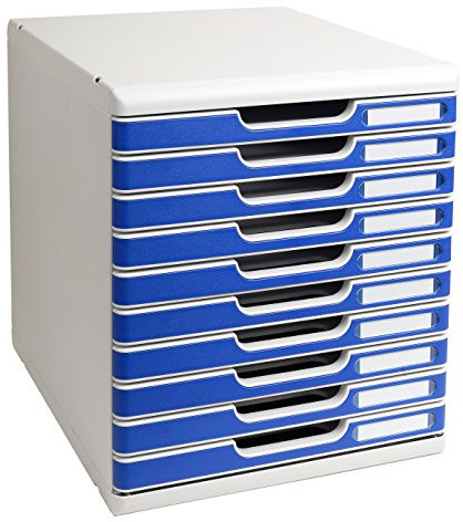 Exacompta 302003D Ablagebox Modulo mit 10 Schubladen für DIN A4+ Dokumente. Belastbare Schubladenbox mit hoher Kapazität für mehr Platz auf dem Schreibtisch grau/blau