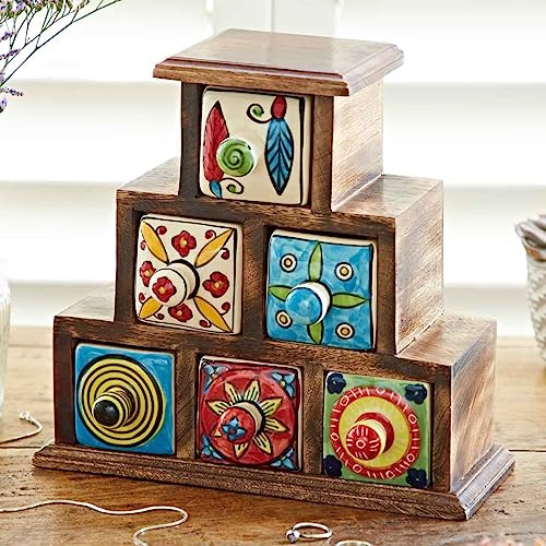 Hand Painted Multicoloured Ceramic 6 Drawer Pyramid Chest - 23.5 × 8.5 × 22.5 cm - Trinkets, Spices, Teas, Dried Herbs, Jewellery or Haberdashery Multifunctional Storage