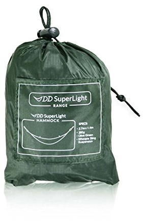 DD Hängematte superleichte Outdoor olivgrün, 270 x 140 cm, Tragkraft: 100 kg, Gewicht: 270 Gramm, Material: superleichtes ripstop Nylon, Packmaß: 14cm x 9cm x 7cm