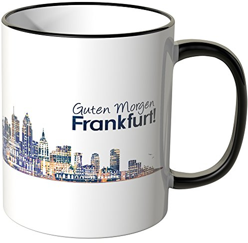 WANDKINGS® Tasse, Schriftzug Guten Morgen Frankfurt! mit Skyline bei Nacht - SCHWARZ