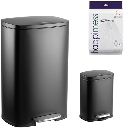 happimess HPM1006B Abfalleimer aus Stahl, Pedal, sanft schließender Deckel, mit Mini Zuhause, Büro, Küche Mülleimer, Polypropylen, Schwarz, Large:12.98 Gallon Small:1.3 Gallon