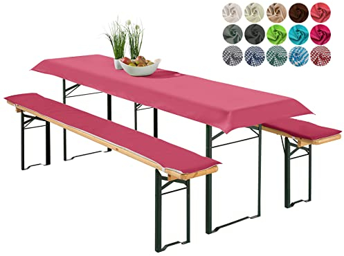 heimtexland ® Bierzeltgarnitur Auflagen Set 3-teilig Tischdecke Bierbankauflage Polster Kissen Biergarnitur Typ698 Beere für Tischmaß 50x220 cm