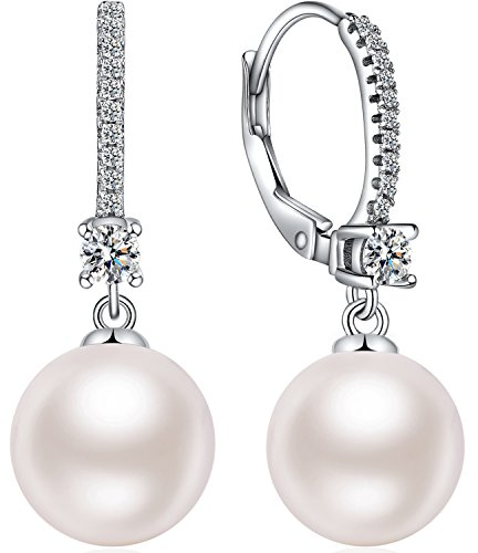 JiaYang 8mm Perlenohrringe Damen 925 Sterling Silber 18K Weißgoldvergoldung Hypoallergene Zuchtperlen Ohrringe