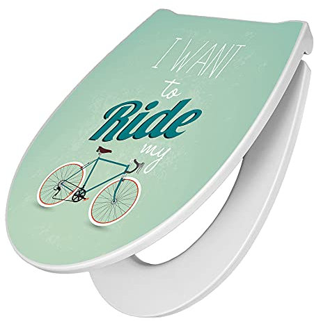 banjado Premium Toilettendeckel mit Absenkautomatik 45x38,4cm / WC Brille Soft Close/hygienischer Toilettendeckel/Klodeckel Duroplast mit Edelstahl Scharnier/Motiv I want to ride my bike
